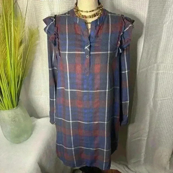 Anthropologie Cloth & Stone Plaid Ruffle V Neck Shirt Dress Size Small - Picture 3 of 13